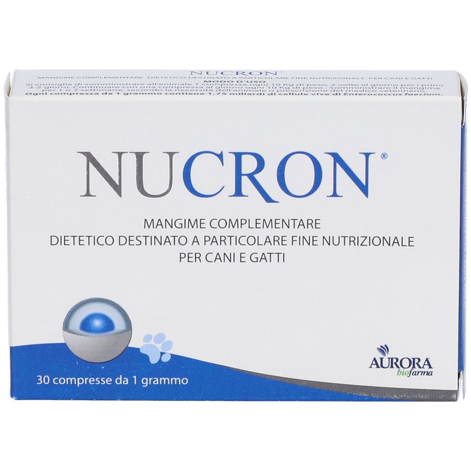 Weiße Schachtel mit Nucron-Logo und Produktinformationen. 30 Tabletten für Hunde und Katzen. Aurora Biofarma.