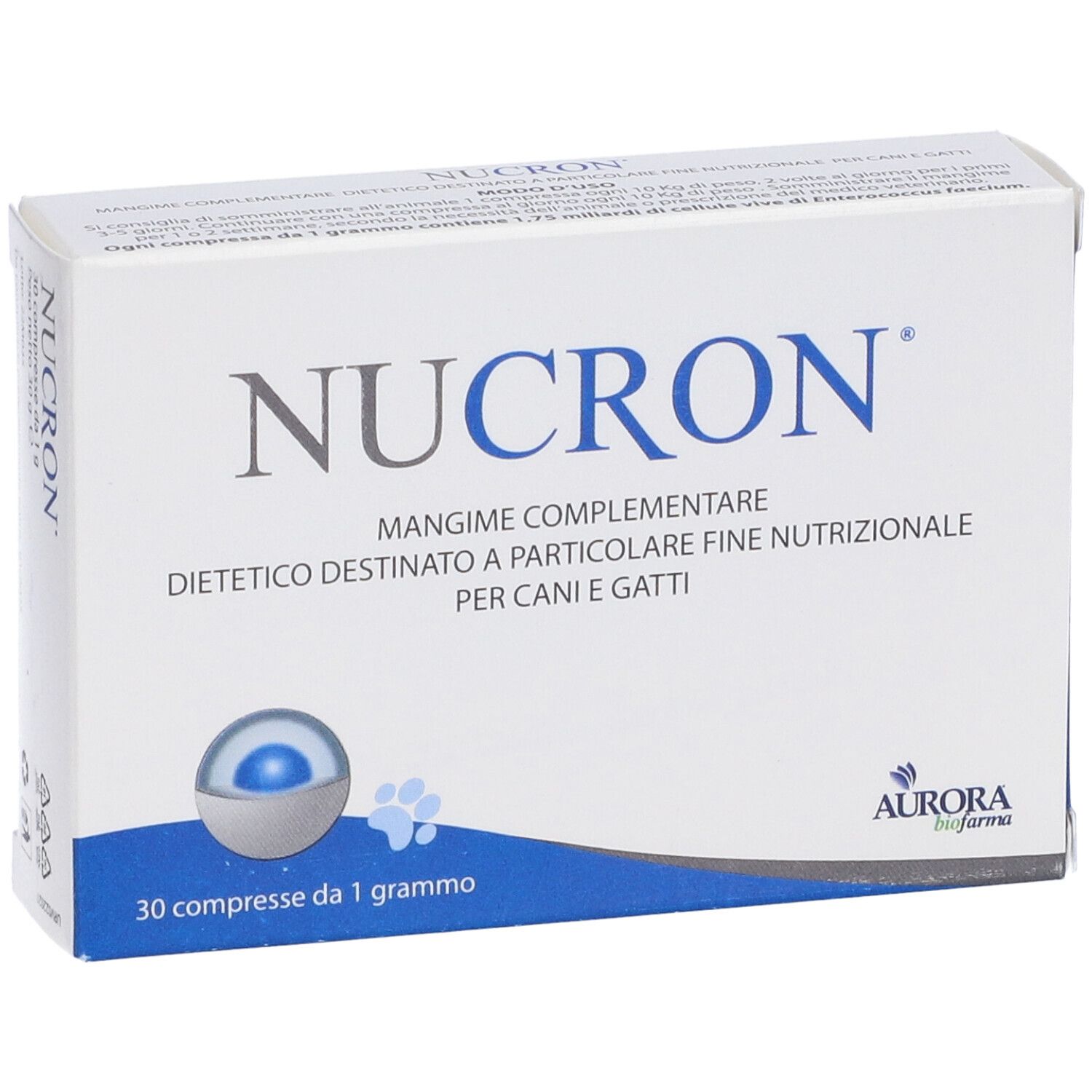 Weiße Schachtel mit Nucron-Logo und Produktinformationen. 30 Tabletten für Hunde und Katzen. Aurora Biofarma.