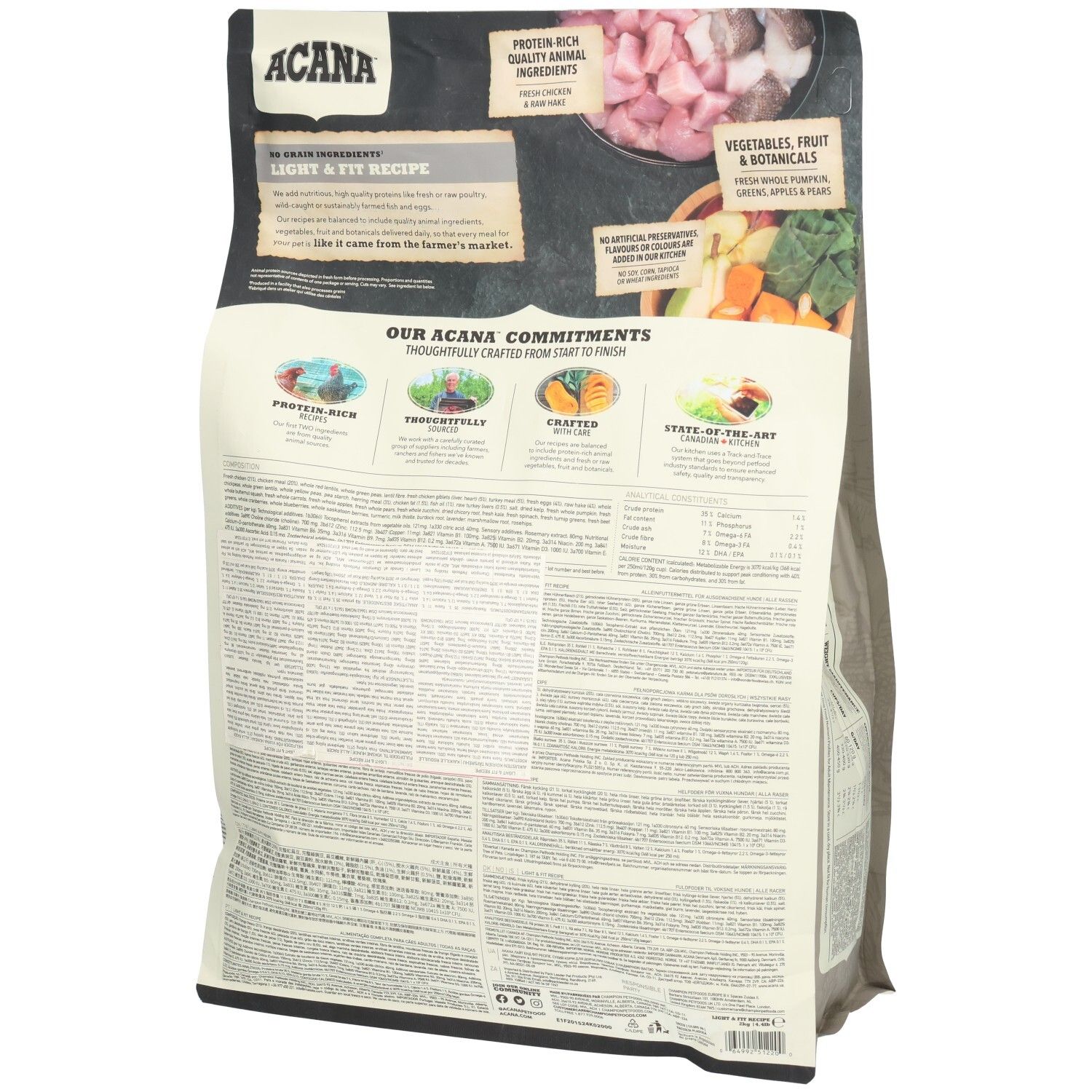 Rückseite eines Hundefutterbeutels. Marke ACANA, Aufschrift LIGHT & FIT. Informationen zu Inhaltsstoffen und Zusammensetzung.