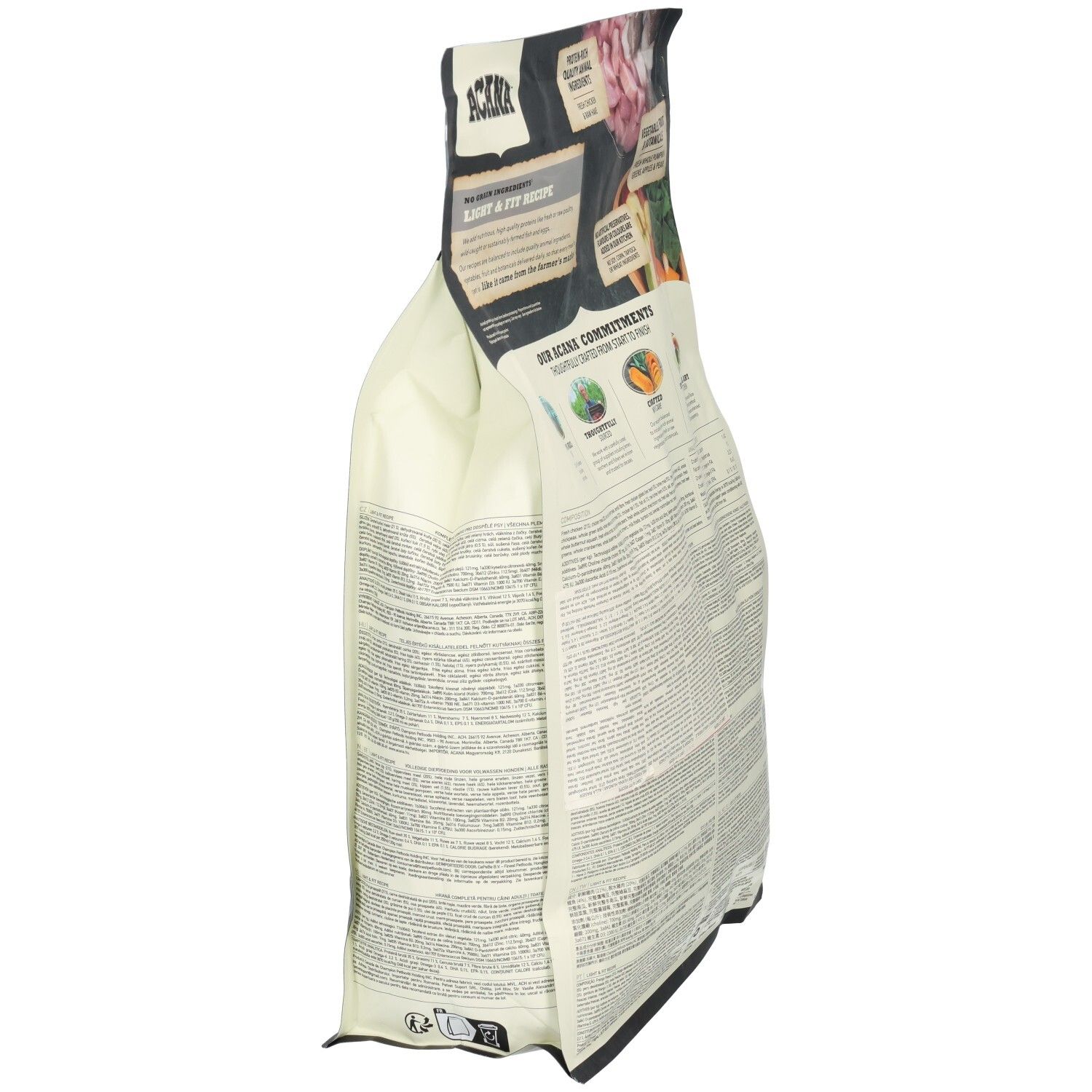 Seitenansicht eines Hundefutterbeutels. Marke ACANA, Aufschrift LIGHT & FIT. Informationen zu Inhaltsstoffen und Zusammensetzung.