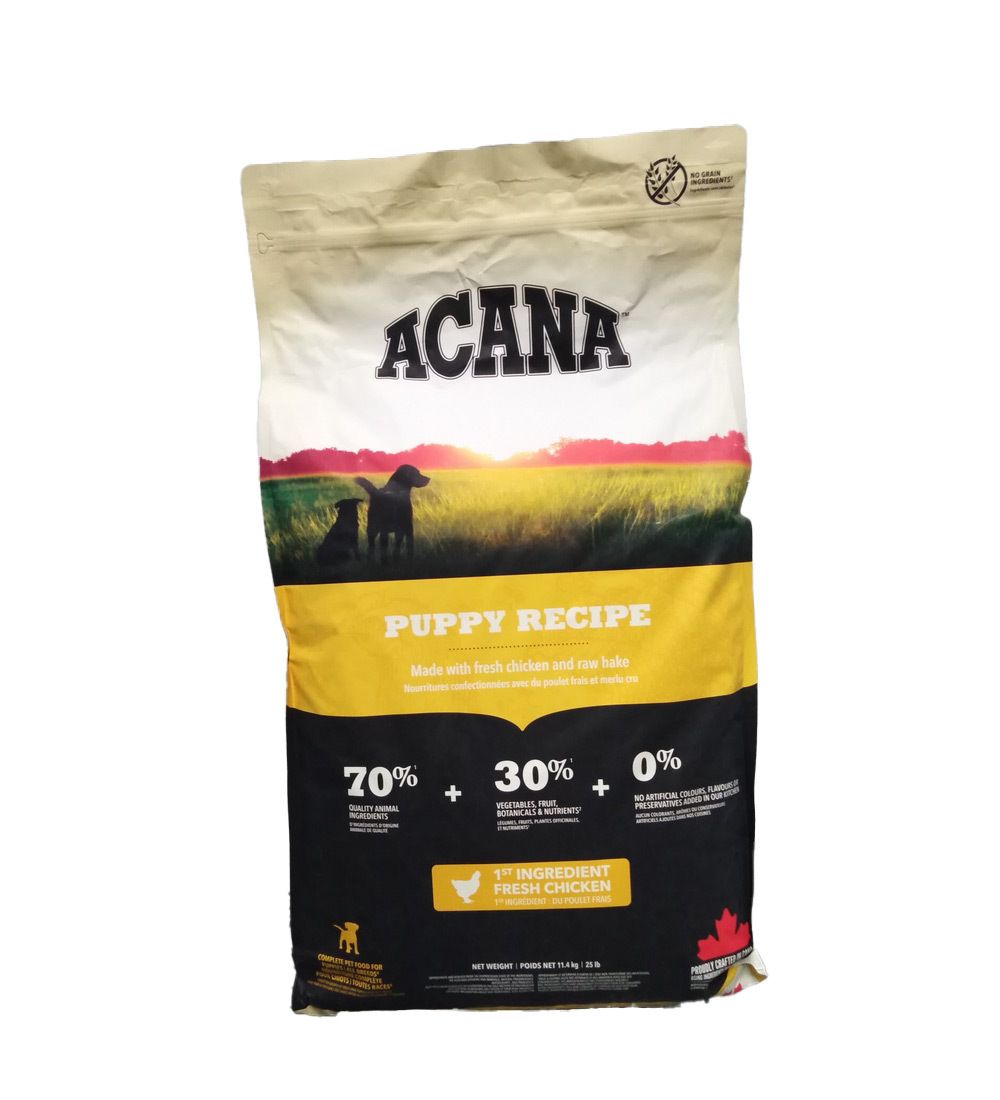 ACANA Puppy Large Breed Recipe Hundefutter, Vorderseite mit Produktbild und Nährwertangaben.