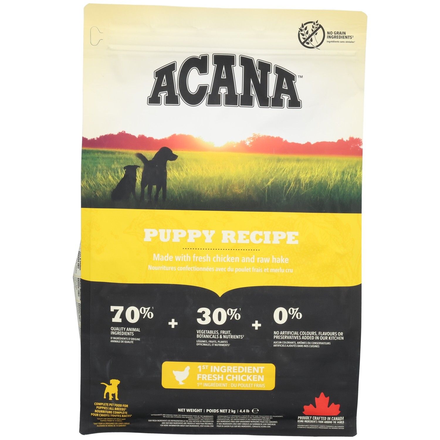 ACANA Puppy Recipe Beutel. Gelb-schwarzes Design mit Welpen-Silhouette. Enthält 70% tierische Zutaten, 30% Gemüse, Obst, 0% künstliche Zusätze.