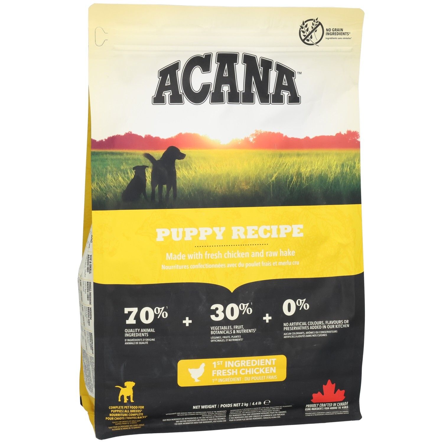 ACANA Puppy Recipe Beutel. Gelb-schwarzes Design mit Welpen-Silhouette. Enthält 70% tierische Zutaten, 30% Gemüse, Obst, 0% künstliche Zusätze.