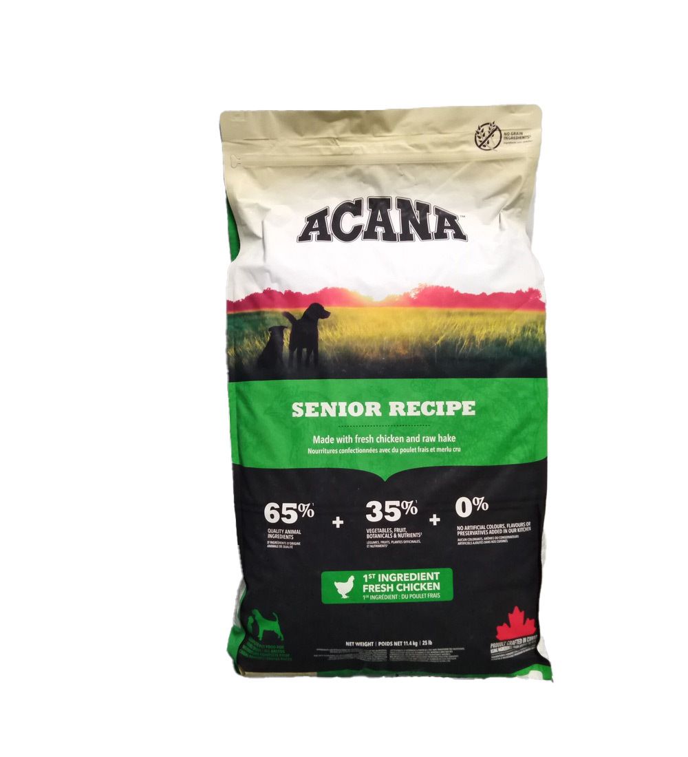 Sac ACANA DOG SENIOR 11,4KG. Emballage vert et blanc avec logo et nom du produit. Contient 65% d'ingrédients animaux, 35% de légumes et 0% de céréales.