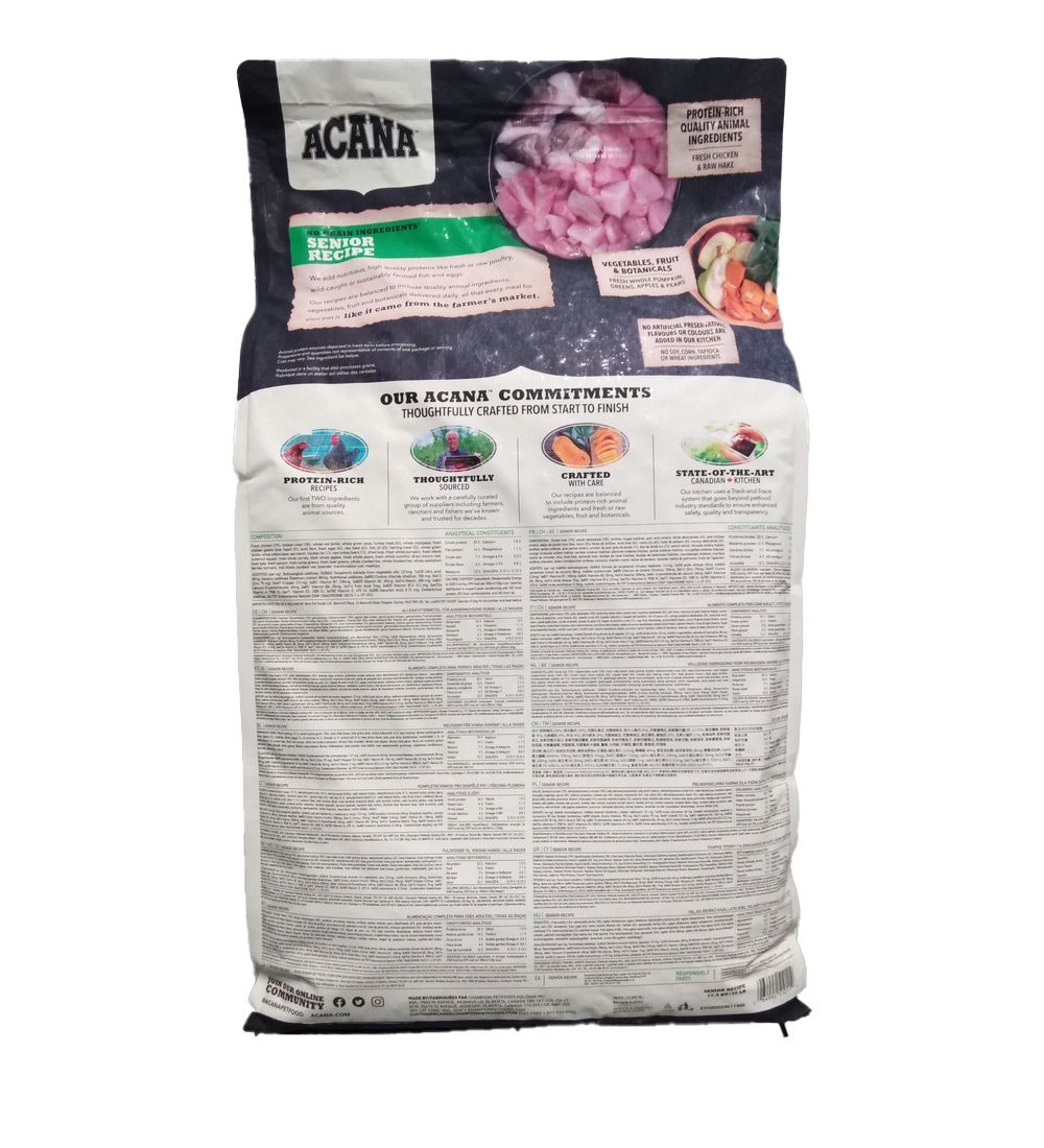 Dos du sac ACANA DOG SENIOR 11,4KG. Informations textuelles, composition du produit, informations nutritionnelles et coordonnées du fabricant.