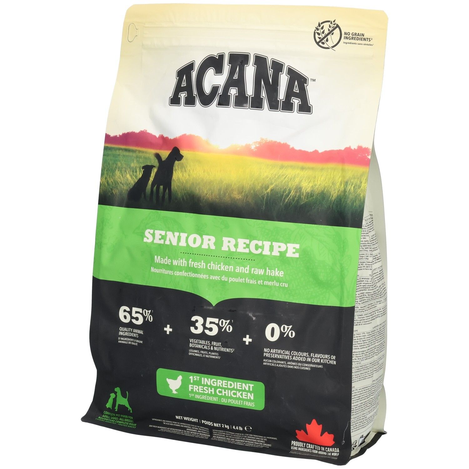 ACANA Senior Recipe Hundefutterbeutel. Grün-weißes Design mit Logo und Produktinformationen. Enthält 65% hochwertige Zutaten.