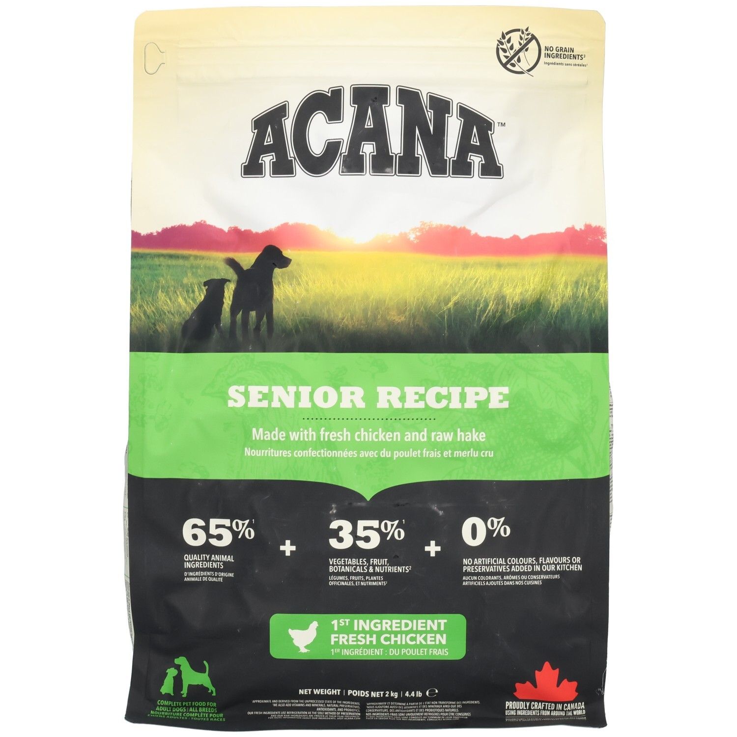 ACANA Senior Recipe Hundefutterbeutel. Grün-weißes Design mit Logo und Produktinformationen. Enthält 65% hochwertige Zutaten.