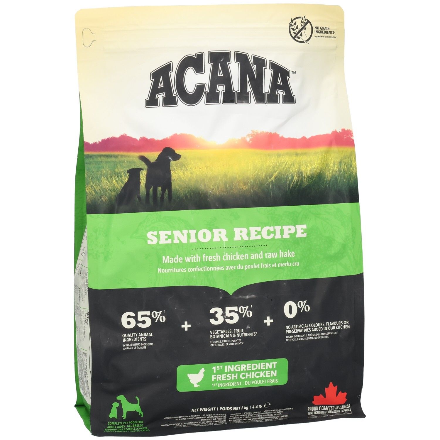 ACANA Senior Recipe Hundefutterbeutel. Grün-weißes Design mit Logo und Produktinformationen. Enthält 65% hochwertige Zutaten.