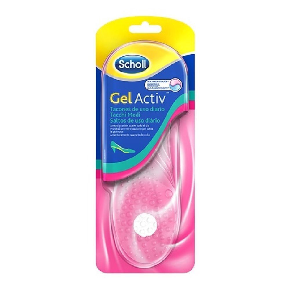 Scholl Gel Activ Einlegesohlen für Pumps in Verpackung. Rosa Gel-Einlegesohlen mit weißem Punkt. Marke und Produktname sichtbar.