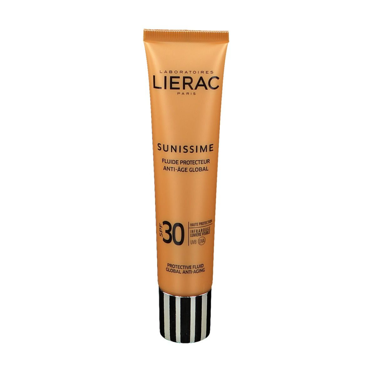 Beige Tube mit schwarzem und weißem Streifenmuster. Aufschrift: LIERAC, SUNISSIME, LSF 30.