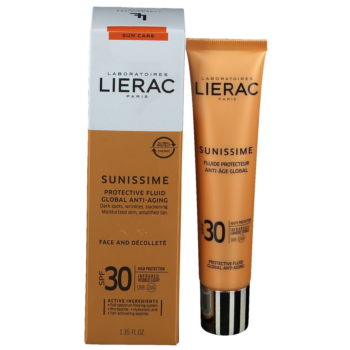 Produktverpackung mit Tube. Aufschrift: LIERAC, SUNISSIME, LSF 30. Beige und weiß.