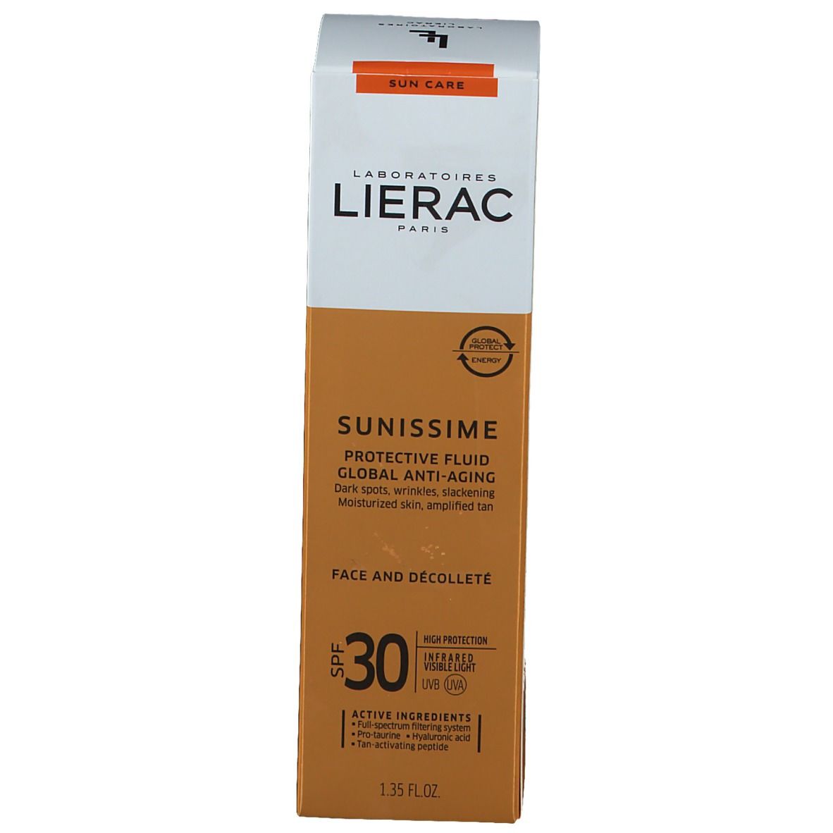 Produktverpackung. Aufschrift: LIERAC, SUNISSIME, LSF 30. Beige und weiß.