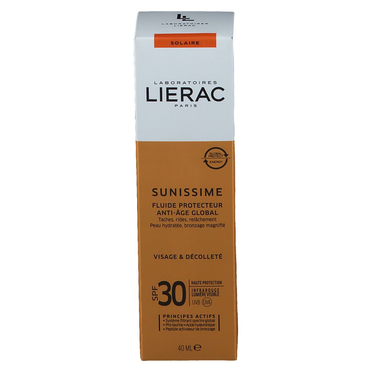 Produktverpackung. Aufschrift: LIERAC, SUNISSIME, LSF 30. Beige und weiß.