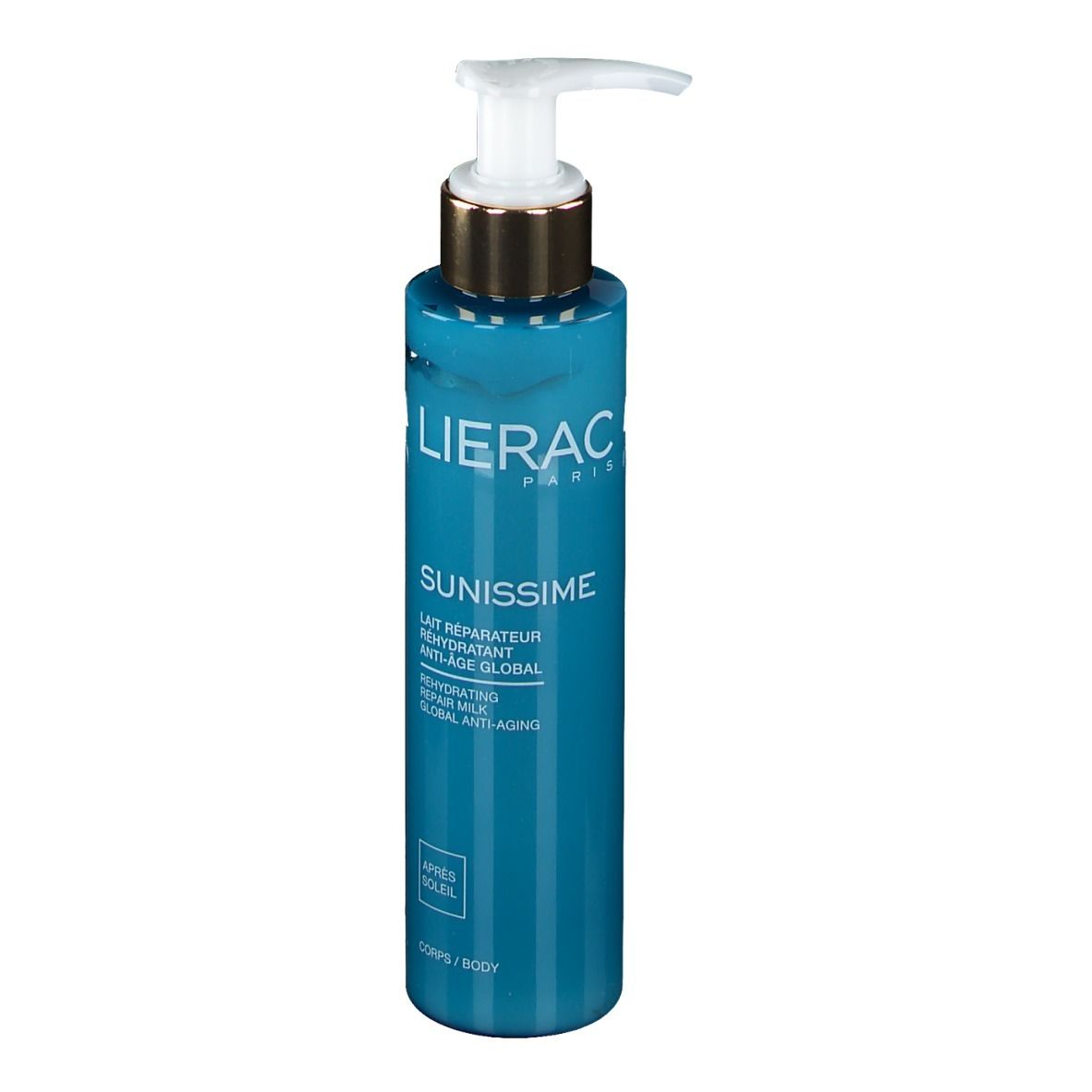 Blau-türkisfarbene Flasche mit Pumpe. Aufschrift LIERAC PARIS, SUNISSIME, Lait Réparateur Hydratant Anti-Âge Global.