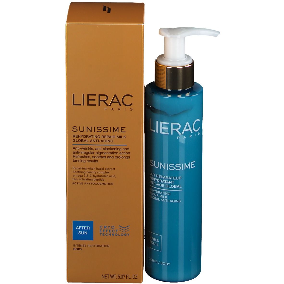 Produktflasche und Verpackung. Aufschrift LIERAC PARIS, SUNISSIME, Lait Réparateur Hydratant Anti-Âge Global. Verpackung goldfarben.