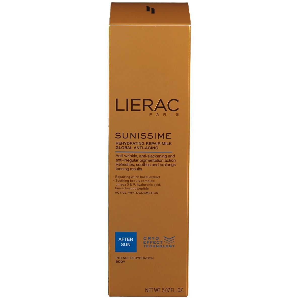 Goldfarbene Verpackung. Aufschrift LIERAC PARIS, SUNISSIME, Lait Réparateur Hydratant Anti-Âge Global. After Sun.