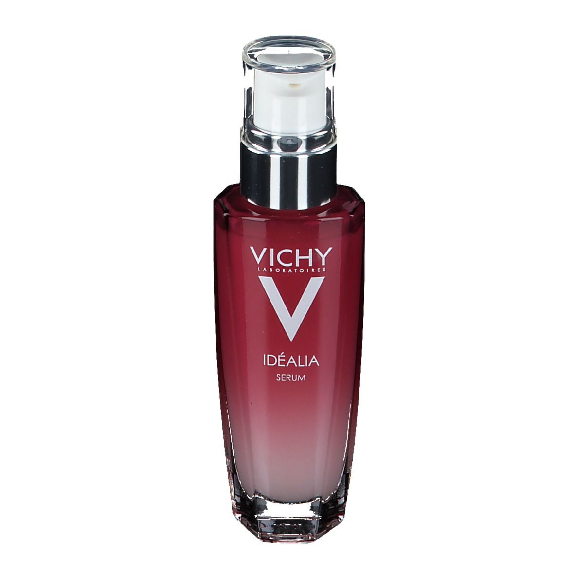 Sérum pour le visage en flacon avec pompe. Dégradé de rouge à blanc. Logo Vichy et nom Idealia.