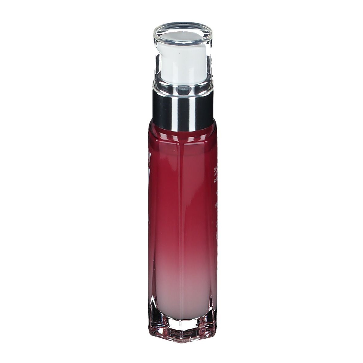 Sérum pour le visage en flacon avec pompe. Dégradé de rouge à blanc. Logo Vichy et nom Idealia.