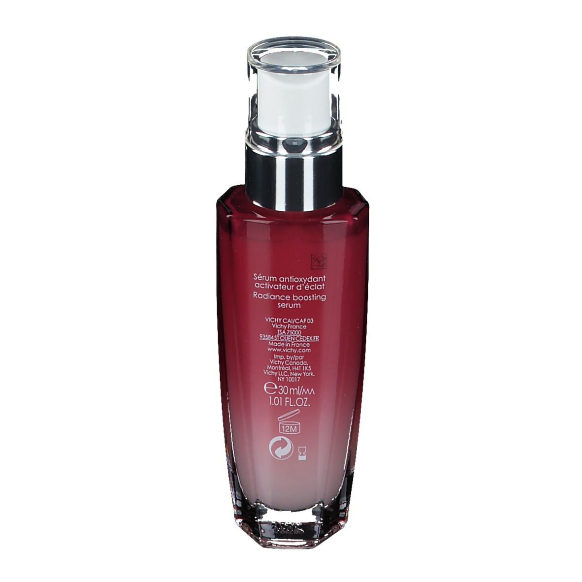 Dos d'un flacon de sérum. Texte avec informations produit. Logo Vichy. Volume: 30 ml.