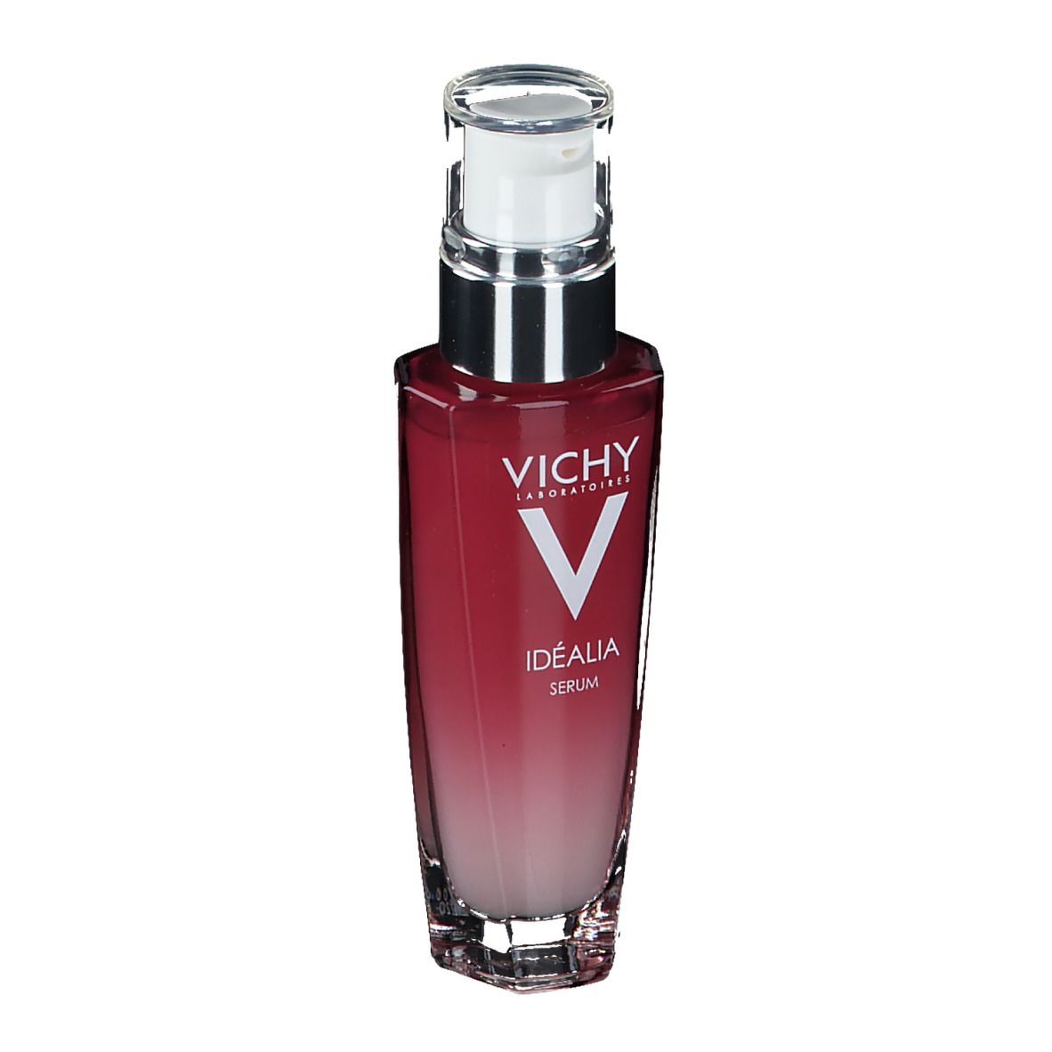 Sérum pour le visage en flacon avec pompe. Dégradé de rouge à blanc. Logo Vichy et nom Idealia.