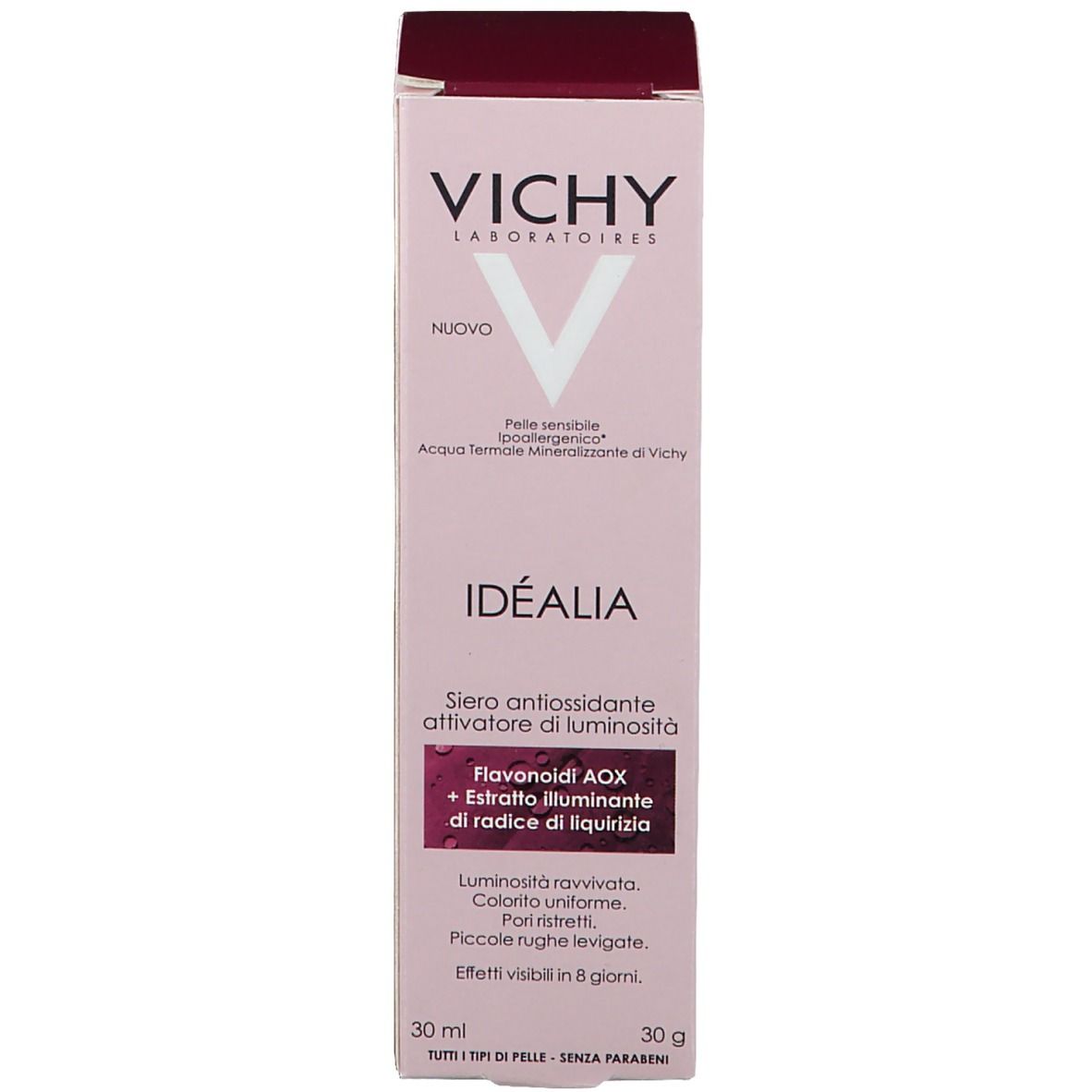 Emballage du produit. Carton avec logo Vichy et nom Idealia. 30 ml.