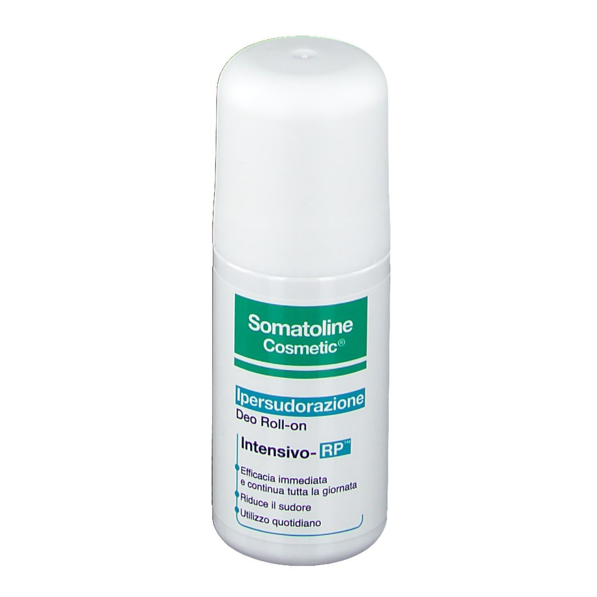 Roll-on blanc. Étiquette verte et blanche avec nom du produit et texte. Marque : Somatoline Cosmetic.