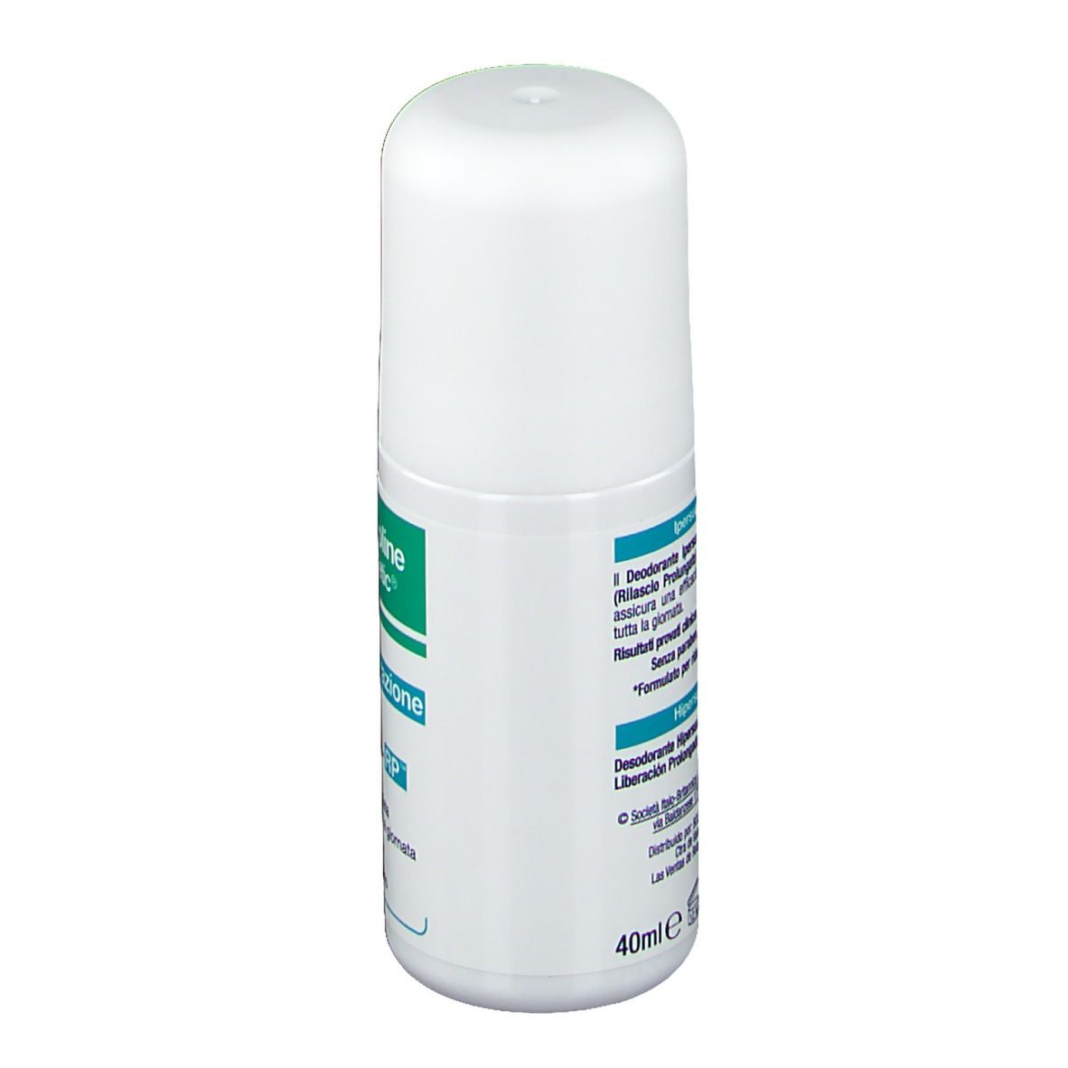 Roll-on blanc. Étiquette verte et blanche avec nom du produit et texte. Marque : Somatoline Cosmetic.