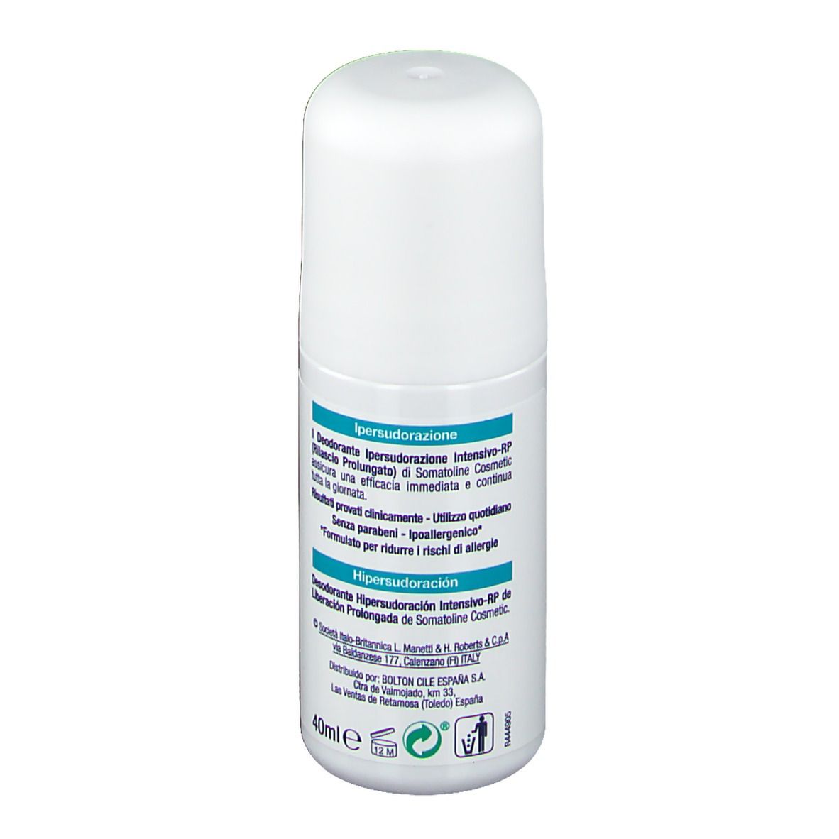Roll-on blanc. Étiquette verte et blanche avec nom du produit et texte. Marque : Somatoline Cosmetic.
