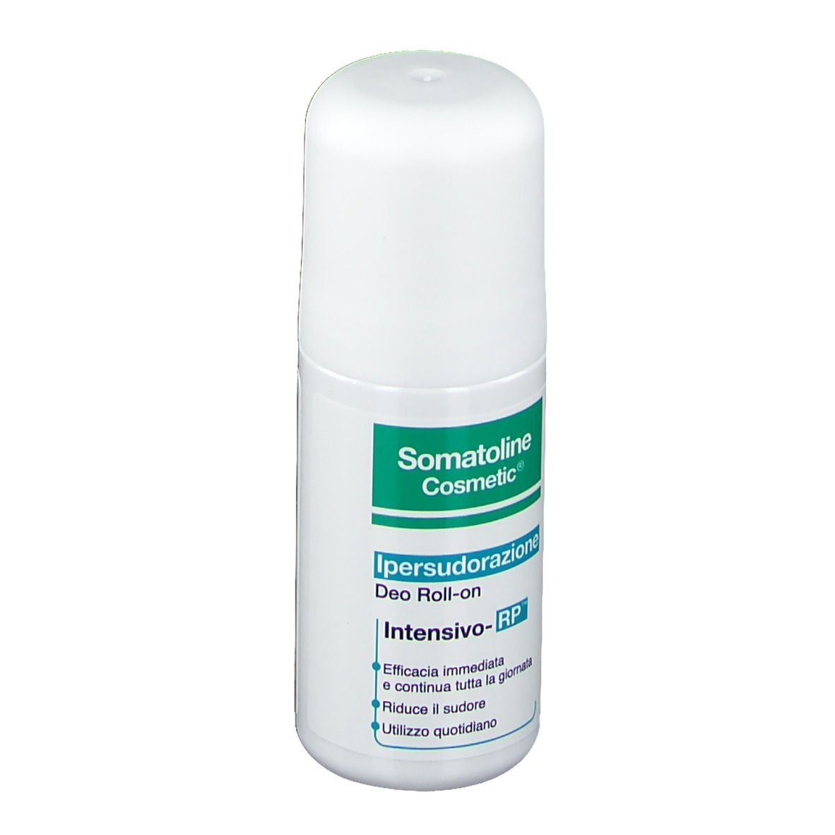 Roll-on blanc. Étiquette verte et blanche avec nom du produit et texte. Marque : Somatoline Cosmetic.