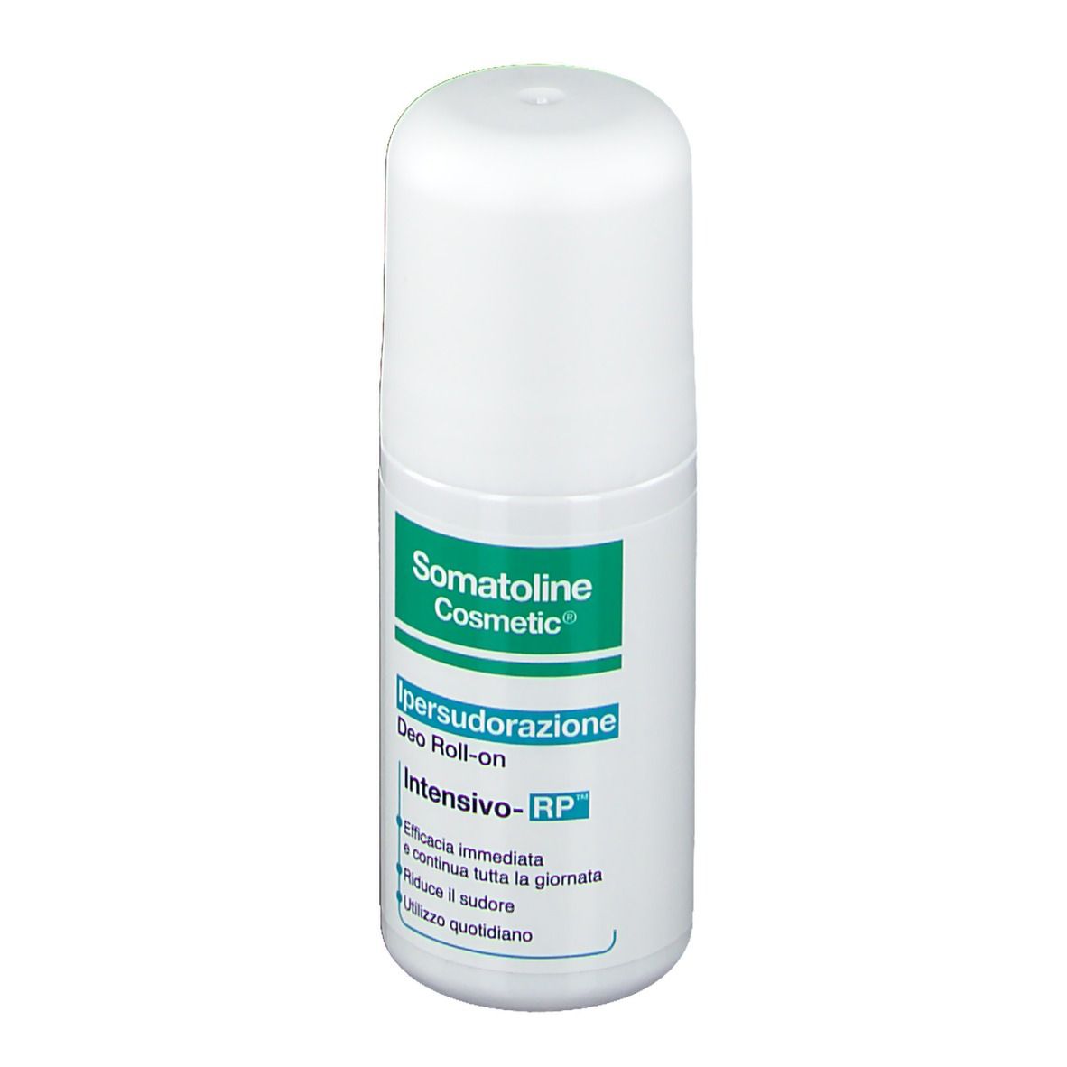 Roll-on blanc. Étiquette verte et blanche avec nom du produit et texte. Marque : Somatoline Cosmetic.