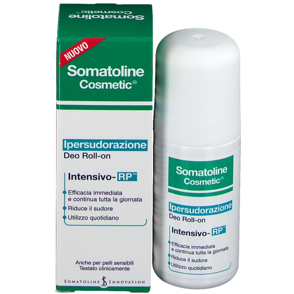 Emballage produit avec roll-on et boîte. Marque : Somatoline Cosmetic. Texte : Ipersudorazione Deo Roll-on.