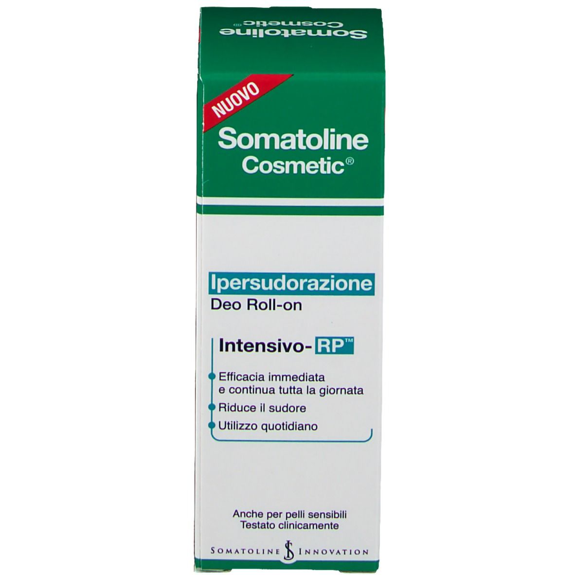 Emballage produit avec boîte. Marque : Somatoline Cosmetic. Texte : Ipersudorazione Deo Roll-on.