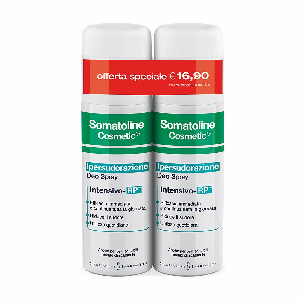 Zwei Deosprays, weiß mit grünen und roten Akzenten. Aufschrift: Somatoline Cosmetic, Ipersudorazione Deo Spray, Intensivo-RP. Sonderangebot.