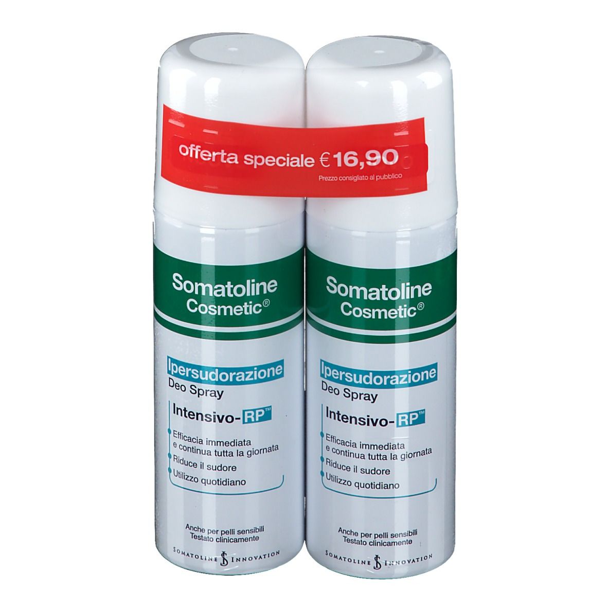 Zwei Deosprays, weiß mit grünen und roten Akzenten. Aufschrift: Somatoline Cosmetic, Ipersudorazione Deo Spray, Intensivo-RP. Sonderangebot.