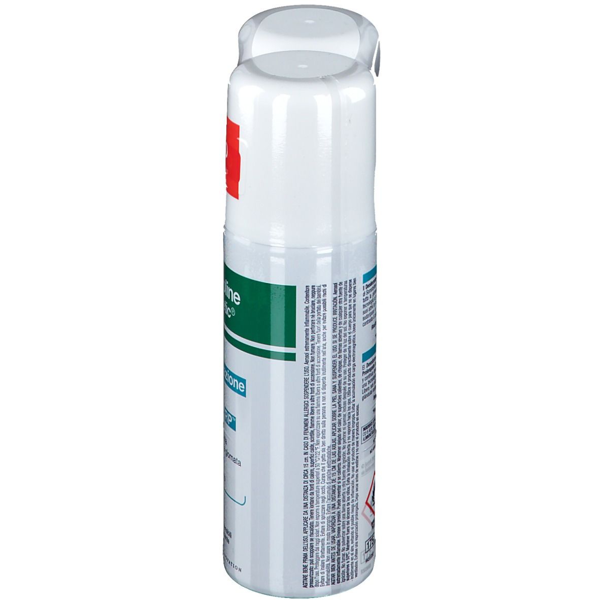 Zwei Deosprays, weiß mit grünen und roten Akzenten. Aufschrift: Somatoline Cosmetic, Ipersudorazione Deo Spray, Intensivo-RP. Rückseite mit Text.