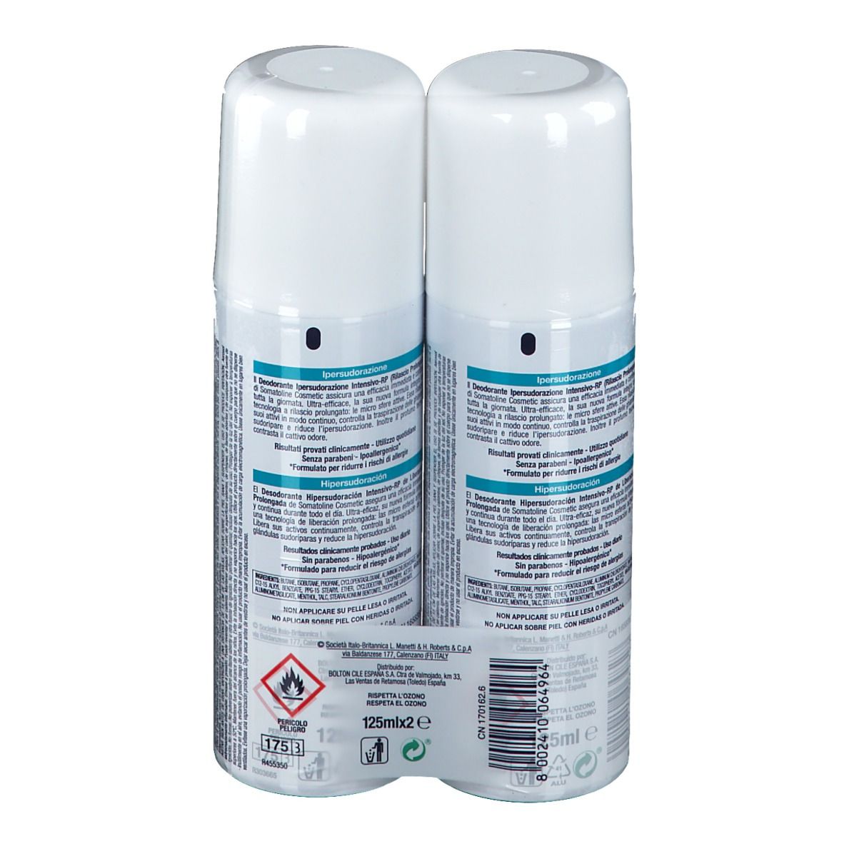 Zwei Deosprays, weiß mit grünen und roten Akzenten. Aufschrift: Somatoline Cosmetic, Ipersudorazione Deo Spray, Intensivo-RP. Rückseite mit Text.