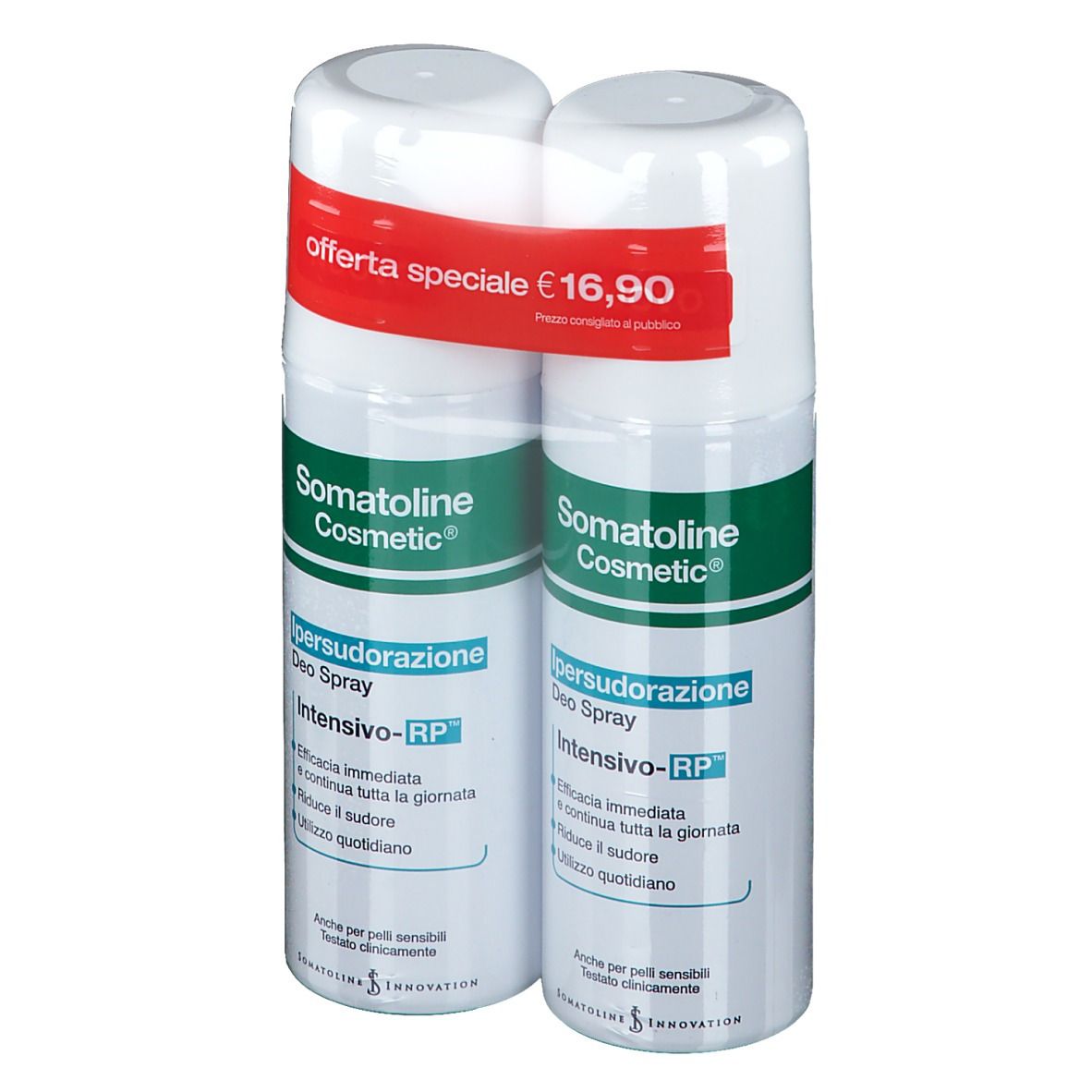 Zwei Deosprays, weiß mit grünen und roten Akzenten. Aufschrift: Somatoline Cosmetic, Ipersudorazione Deo Spray, Intensivo-RP. Sonderangebot.