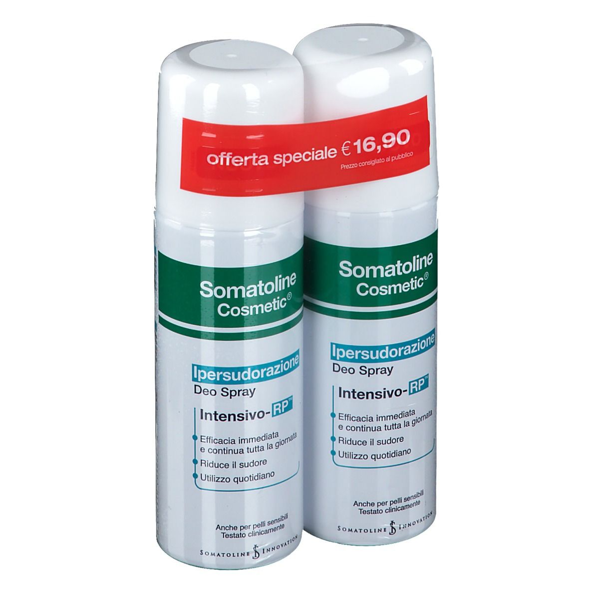 Zwei Deosprays, weiß mit grünen und roten Akzenten. Aufschrift: Somatoline Cosmetic, Ipersudorazione Deo Spray, Intensivo-RP. Sonderangebot.