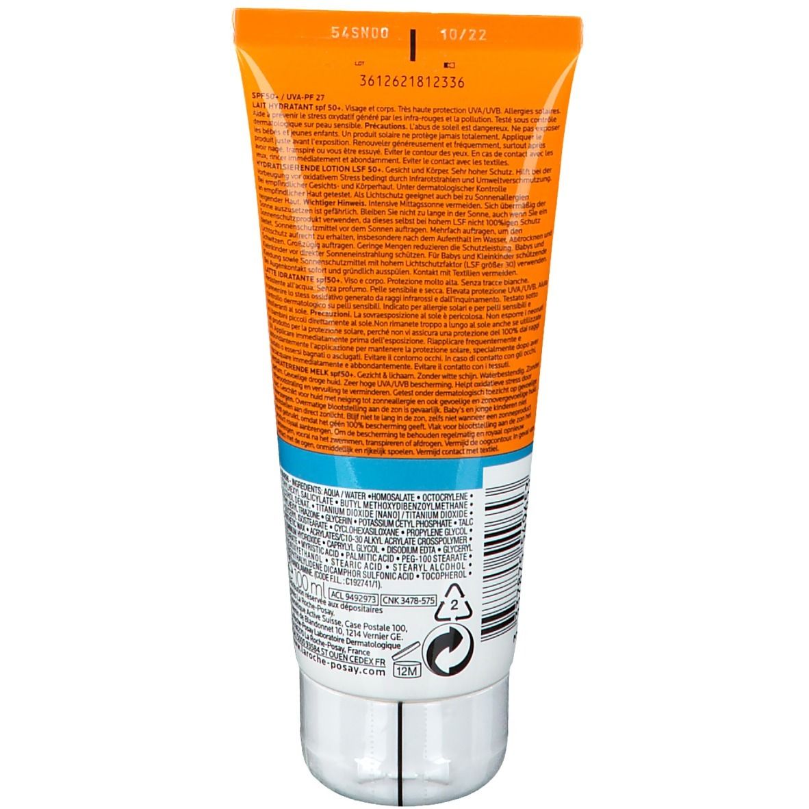 Sonnenmilch-Tube, Rückseite. Orange-weißes Design. Text in mehreren Sprachen. Barcode und Herstellerinformationen.