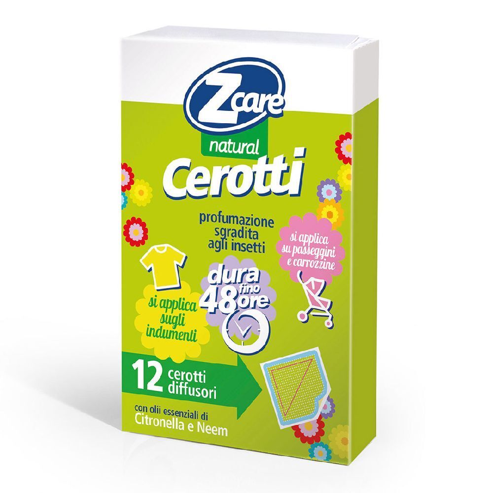 Verpackung mit 12 ZCare Pflastern. Grüne Verpackung mit Produktnamen und Illustrationen.