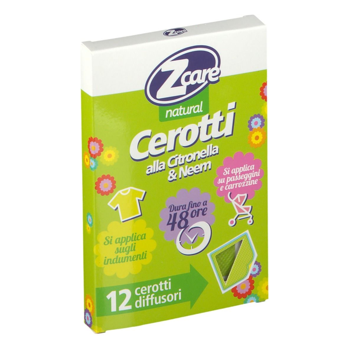 Verpackung mit ZCare Pflastern. Grüne Verpackung mit Produktnamen, Illustrationen und Text.