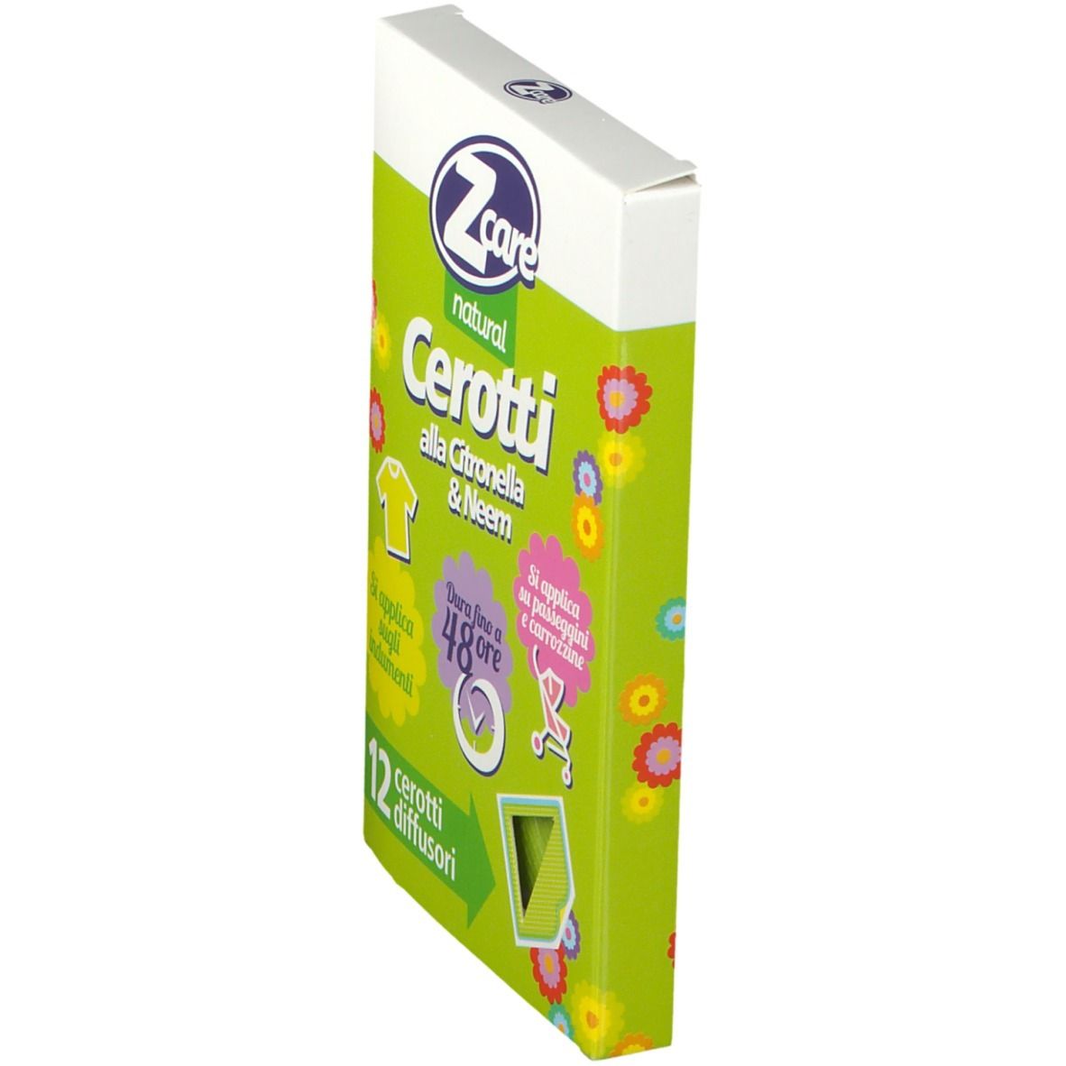 Seitenansicht der ZCare Pflaster Verpackung. Grüne Verpackung mit Produktnamen und Text.
