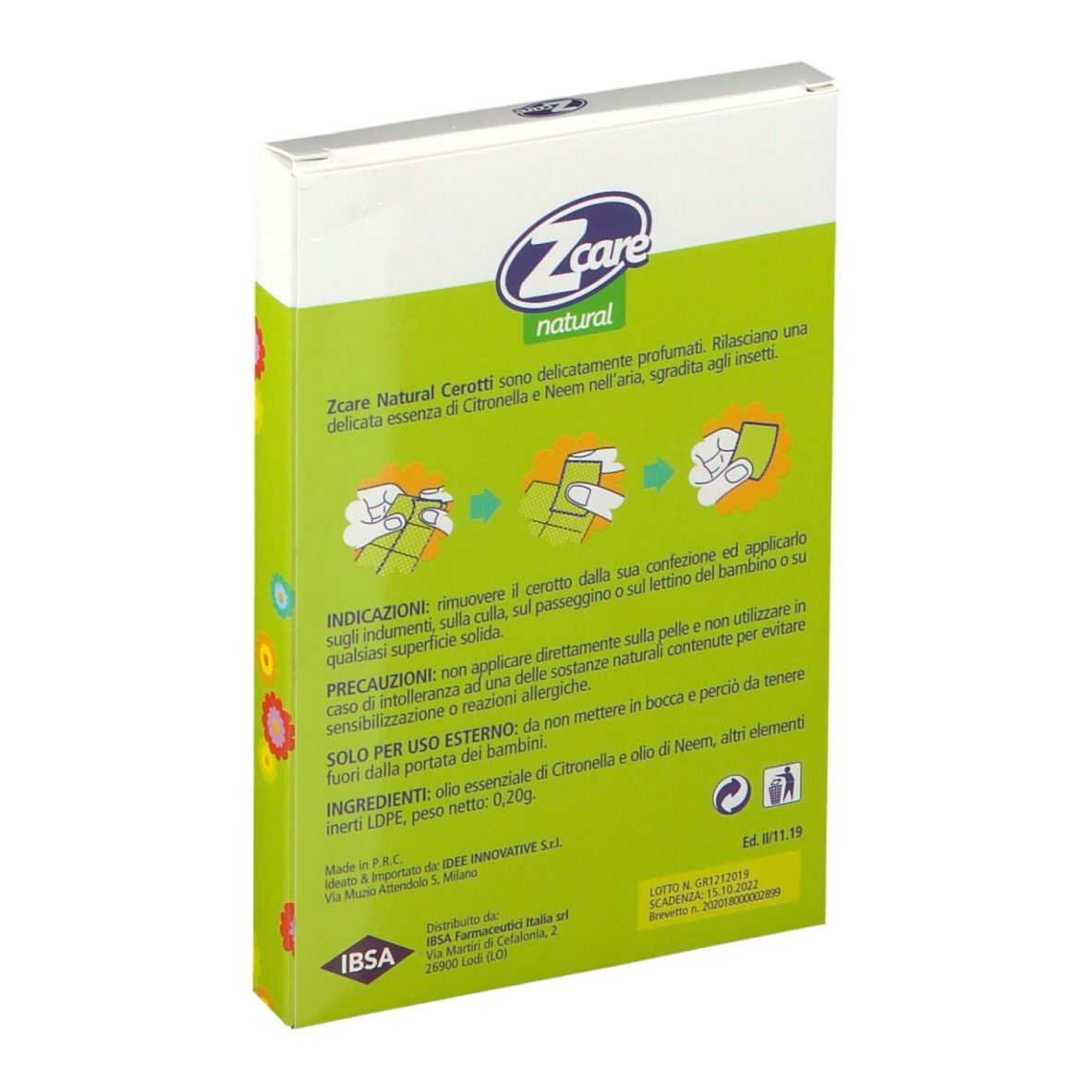 Rückseite der ZCare Pflaster Verpackung. Grüne Verpackung mit Produktinformationen und Text.