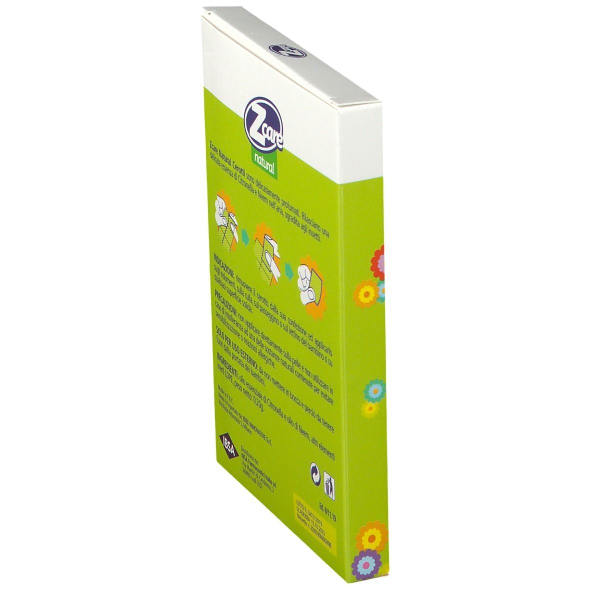 Seitenansicht der ZCare Pflaster Verpackung. Grüne Verpackung mit Produktinformationen und Text.