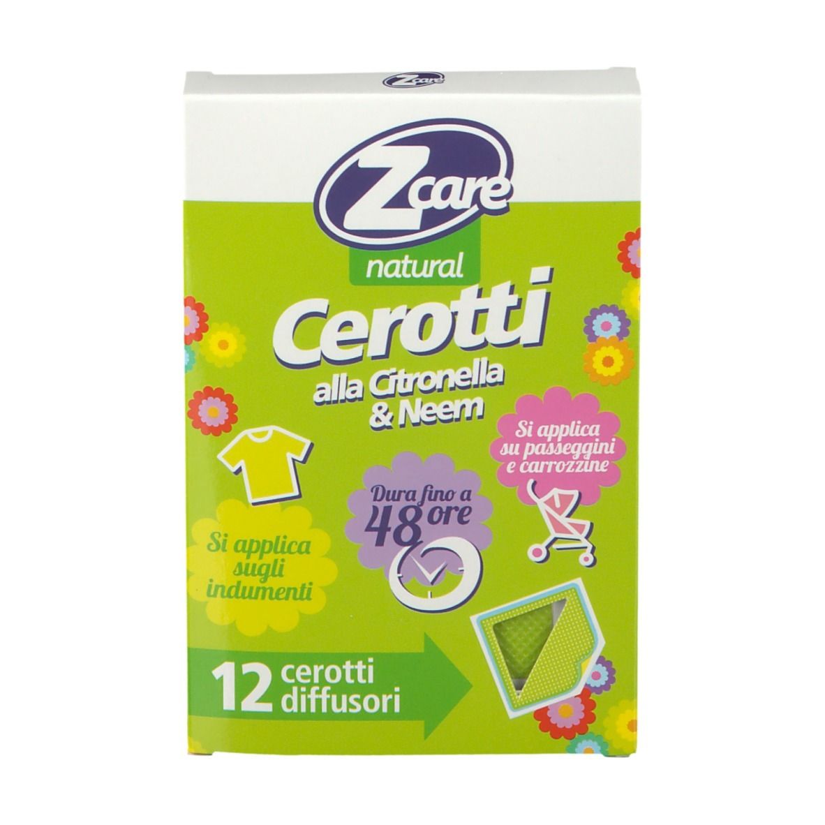 Verpackung mit ZCare Pflastern. Grüne Verpackung mit Produktnamen, Illustrationen und Text.