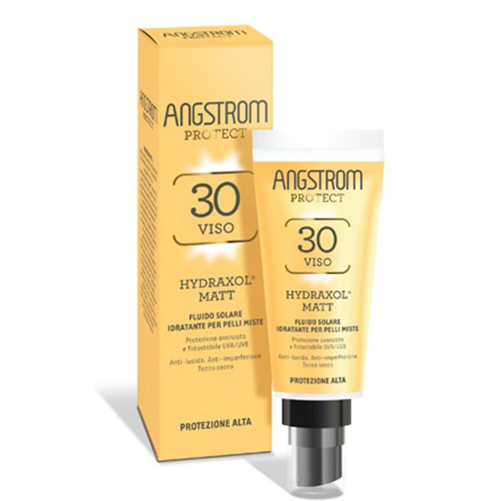 Tube et boîte jaunes ANGSTROM PROTECT, 30 Viso, Hydraxiol Matt. Protection solaire pour le visage.