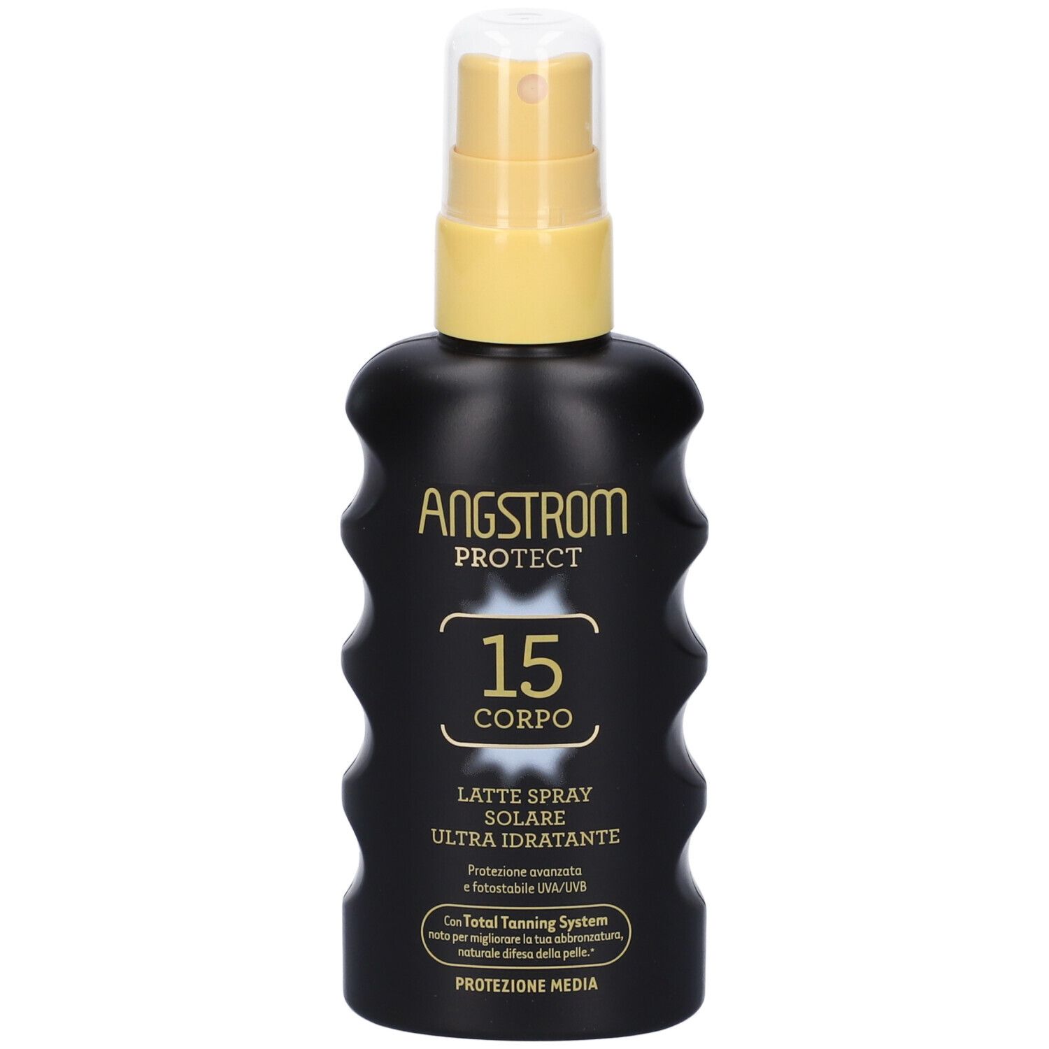 Flacon noir avec vaporisateur jaune. Inscription: Angstrom Protect, 15, Latte Spray Solare Ultra Idratante. Protection SPF 15.