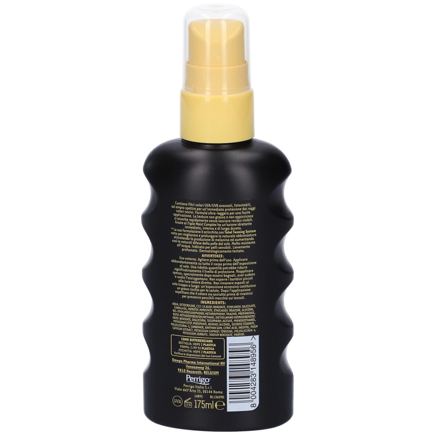 Dos du flacon noir avec vaporisateur jaune. Texte et code-barres. En bas: 175ml.