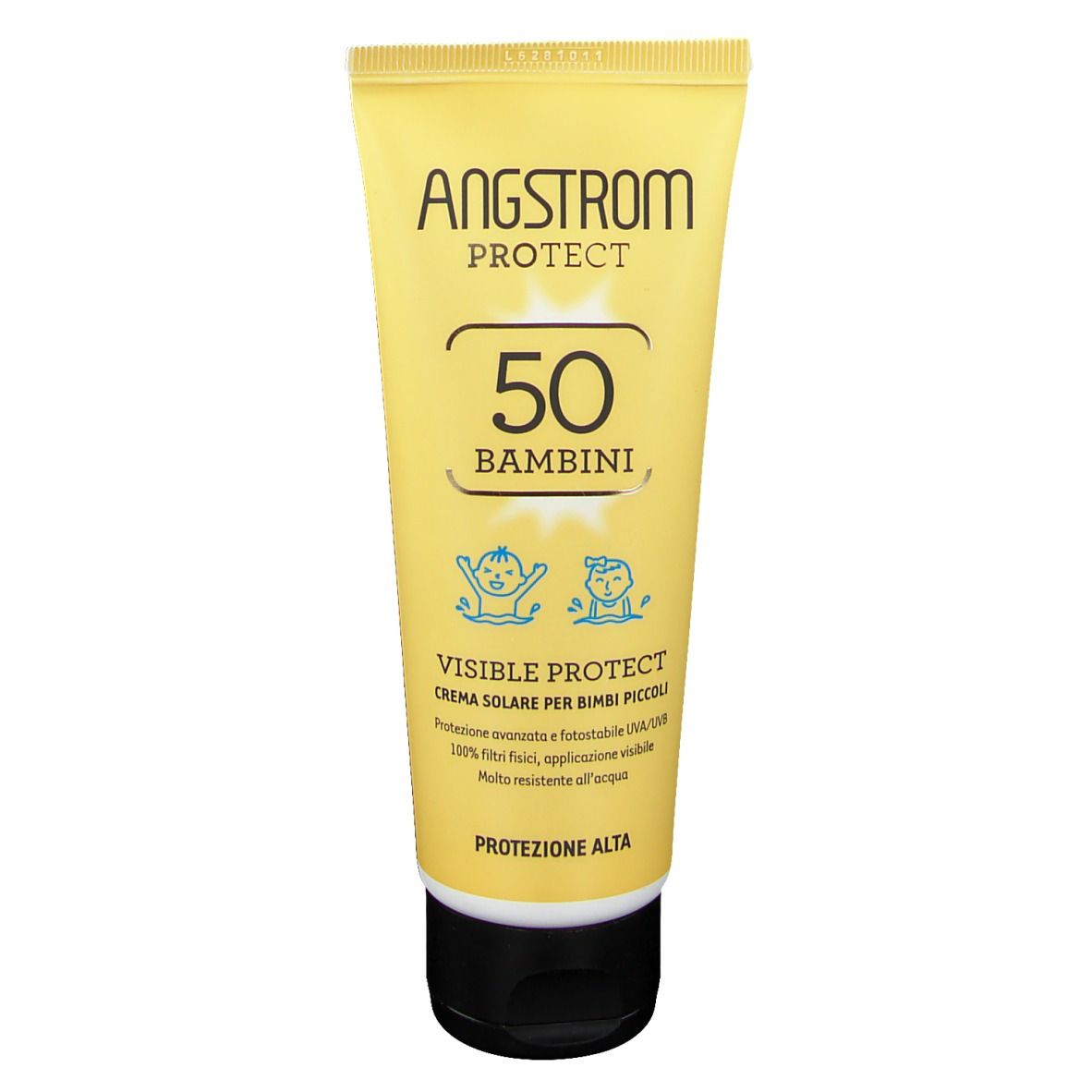 Gelbe Tube mit schwarzem Deckel. Aufschrift: ANGSTROM PROTECT 50 BAMBINI. Text: VISIBLE PROTECT CREMA SOLARE PER BIMBI PICCOLI.