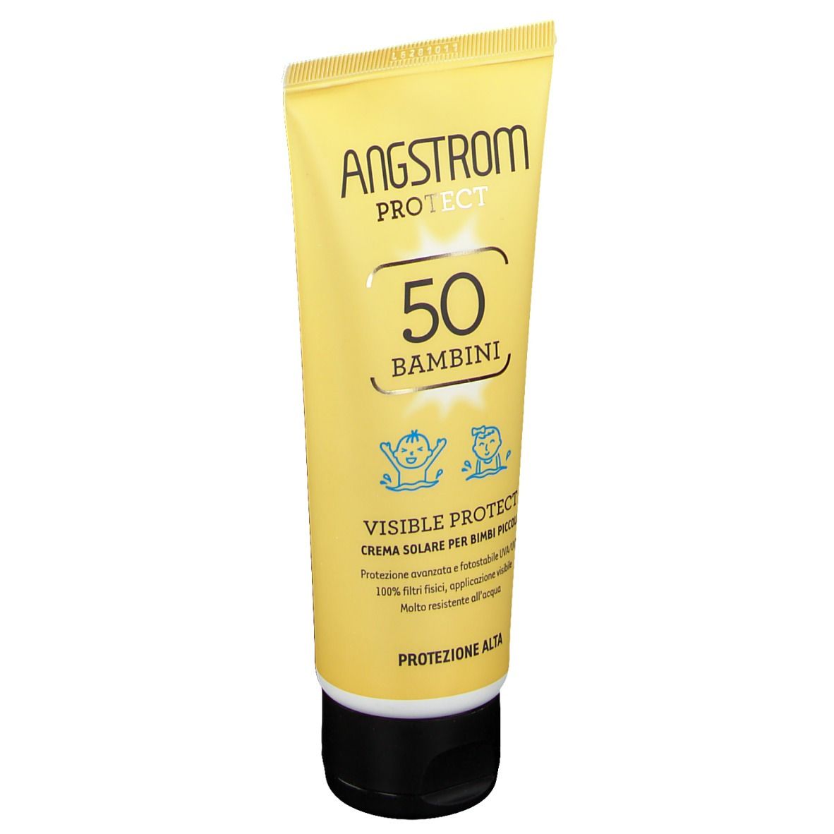 Gelbe Tube mit schwarzem Deckel. Aufschrift: ANGSTROM PROTECT 50 BAMBINI. Text: VISIBLE PROTECT CREMA SOLARE PER BIMBI PICCOLI.